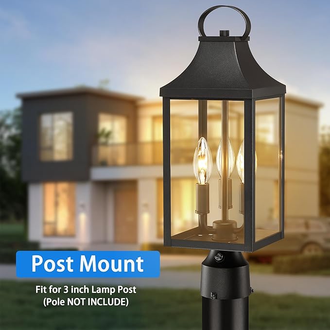 18.62'' Dusk to Dawn Post Light Outdoor, Large 3-Light Lamp Post Light Fixture, Modern Pillar Outside Lighting Waterproof Post Lantern Lamp Outdoor Post Light Fixtures Pole Lights for Porch, 1 Pack