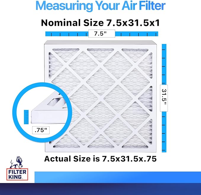 Filter King 7.5x31.5x1 Air Filter | 4-PACK | MERV 8 HVAC Pleated A/C Furnace Filters | MADE IN USA | Actual Size: 7.5 x 31.5 x .75"