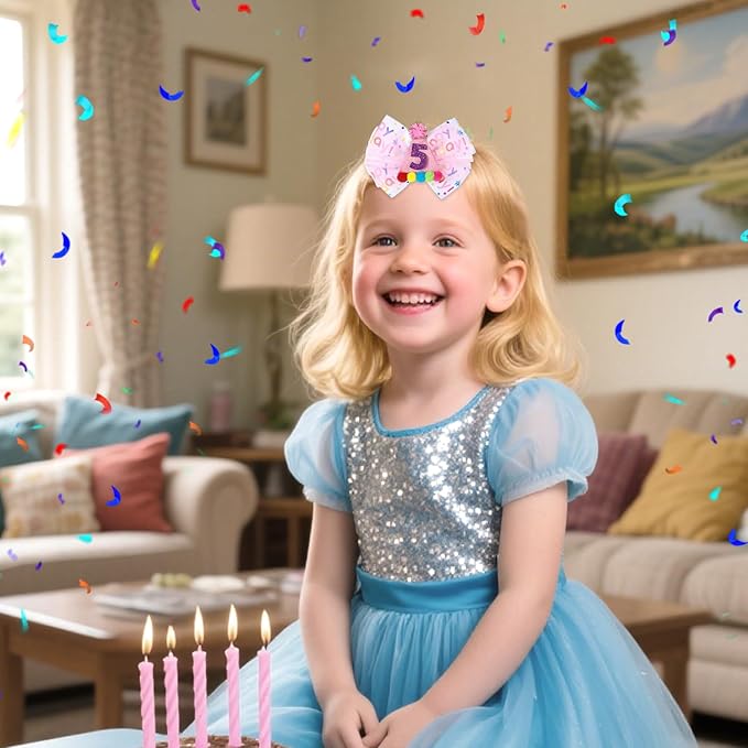 2Pcs Birthday Hair Bow for Baby Girls 1 2 3 4 5 6 Years, Pink Confetti Ice Cream Party Decorations, Sparkling Bows Hair Accessories for 5th Birthday