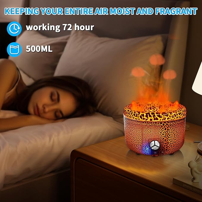BOHOFAM Essential Oil Diffuser 500ML,Volcano and Flame Diffuser/Humidifier 2 Mode,Three Volcanic Vent Diffusers for Home,Included 4 Hotel Collection Diffuser Oil for Bedroom(Gray Crack)