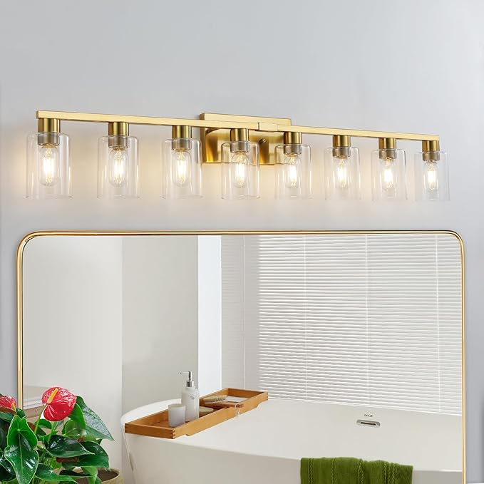 8 Light Gold Bathroom Light Fixtures, Modern Large Vanity Lights with Clear Glass Shade, Brushed Brass Bathroom Lighting Fixtures Over Mirror, Wall Scones Light for Bedroom, Living Room