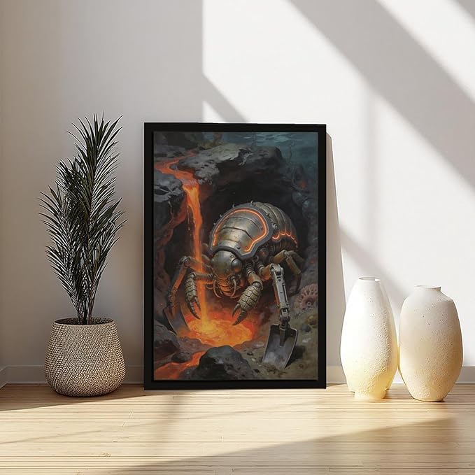 Framed Steampunk Mechanical Trilobite Wall Art - Volcanic Underwater Retro Poster for Garage Apartment Decor 20x30in