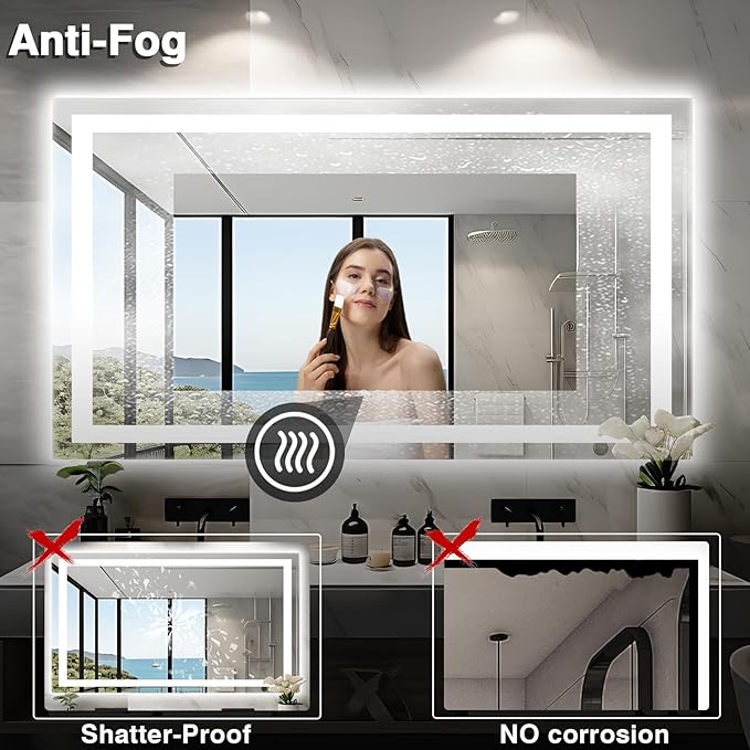 60"x36" LED Mirror for Bathroom, Front and Backlit, Anti-Fog Bathroom Mirror with Lights, Stepless Dimmable Lighted Mirror, 3 Colors Smart Mirror (Horizontal/Vertical)