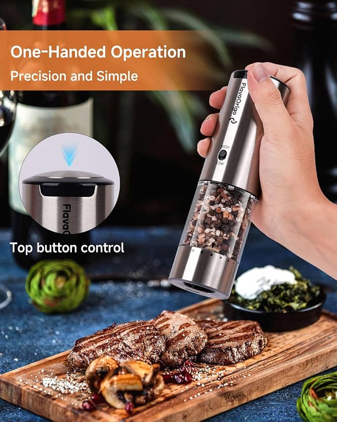 USB-C Rechargeable Electric Salt & Pepper Grinder Set - External Adjustable Coarseness (6 Settings), Large Capacity, Dual-Speed Control, One-Hand, LED, Stainless Steel (2 Pack)