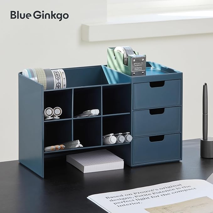 BLUE GINKGO Hive Stack Desk Organizer – Stackable Pen Holder, Stationary Organizer with Drawers - Office Storage, School Supplies, Makeup (Made in Korea, Blue)