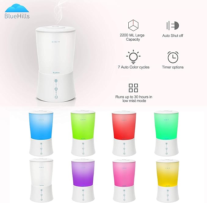 BlueHills Large 2000 ML XL Essential Oil Diffuser Premium Aromatherapy Humidifier for Big Room Home Long Run Extra Large Capacity for Huge Area 2 Liter 2L Color Changing Lights Cool High Mist White-S1