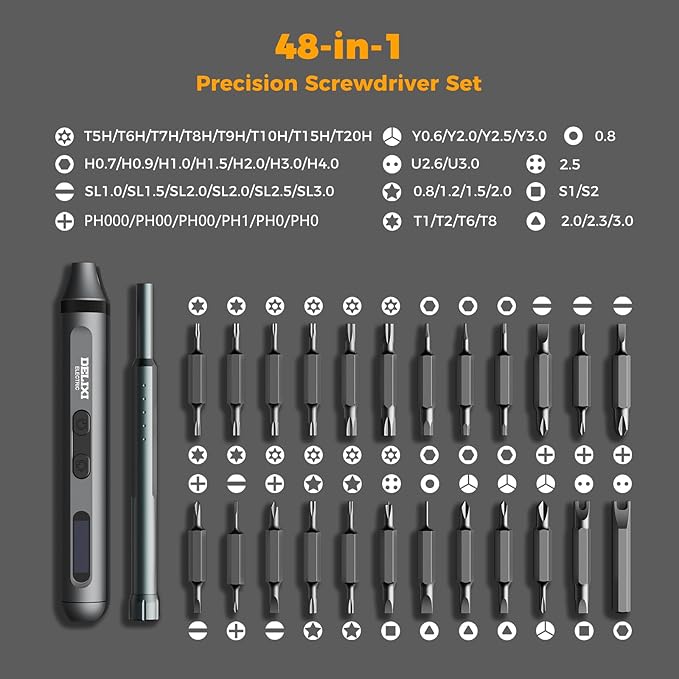 3.7V Electric Screwdriver Kit, 48-in-1 Dual-Head Precision Screwdriver Set with Manual and 170 RPM Electric Screwdriver, USB Rechargeable, Ideal for Precision Electronics Repair