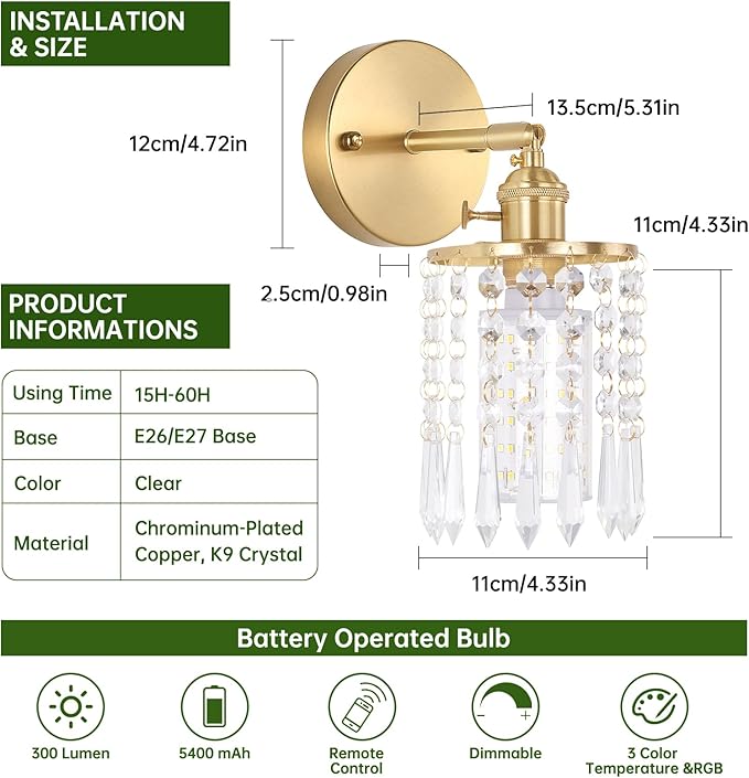 Shenmoyl Set of 2 Crystal Battery Operated Wall Sconce, Rechargeable Battery Powered Wall Lamp with Remote Control, Modern Dimmable Wireless Wall Lights for Bedroom Bathroom(Transparent, Gold Base)