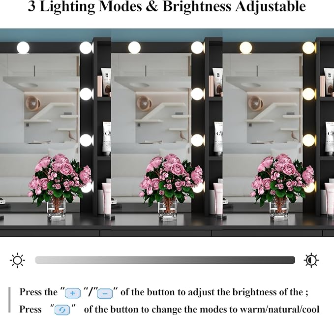 39 Inches Black Vanity Desk with Lights, 6-Drawers Makeup Vanity Table with Power Strip and Storage Shelves, Dressing Table with Lighted Mirror for Women Girls (Black)