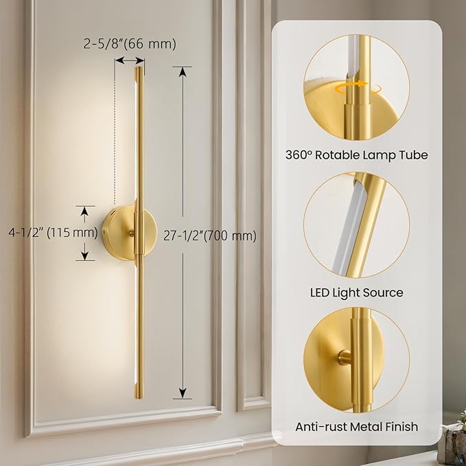 Lightania Wall Sconces Set of Two, 28'' Modern Gold LED Wall Lights, 360° Rotatable, 2700K-5000K Adjustable, Hardwired 3CCT Dimmable Wall Sconce Light Fixture for Living Room Bedroom Hallway, ETL