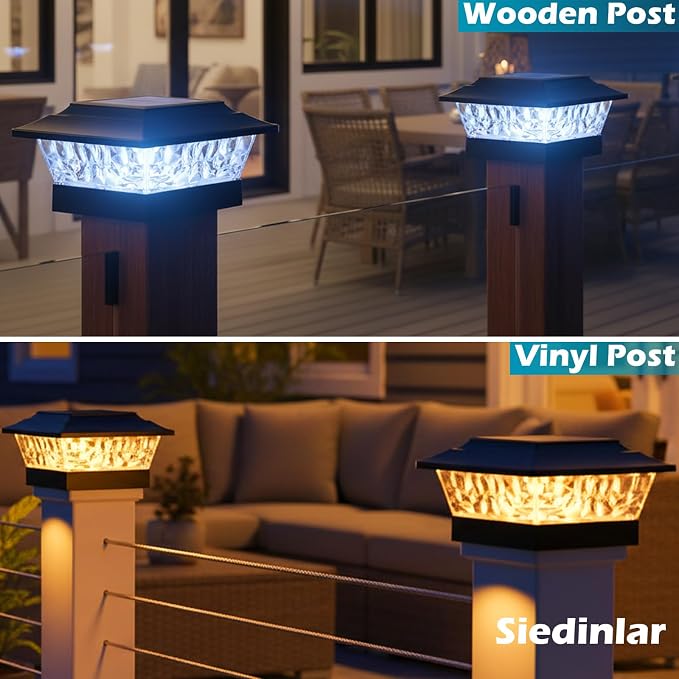 SIEDiNLAR Solar Post Lights Outdoor 12 LEDs 4 Modes Post Cap Light for 4x4 5x5 6x6 Wooden Vinyl Fence Deck Posts Patio Garden Decor, Warm/Cool White Dynamic Lighting (10 Pack, Black)