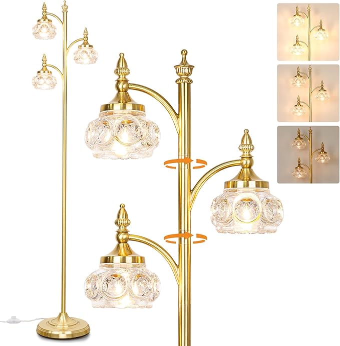 Gold Floor Lamp, Dimmable Tree Floor Lamps for Living Room Brass Tall Standing Lamp with 3 Rotatable Lights Glass Shade 66.5'' Modern Corner Lamp for Bedroom Office(3LED Bulbs Included)