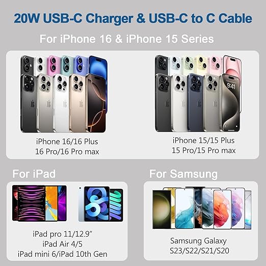iPhone 16 15 Charger Fast Charging, 2Pack 20W Apple USB C Fast Charger Wall Adapter Blocks & 2Pack Fast Charging Cable Cord for iPhone 16 Pro Max/16e/15 Pro/15 Plus,iPad Air/Pro,AirPods