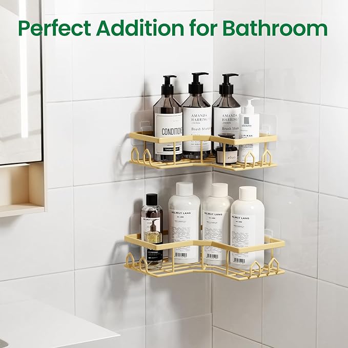 Adhesive Shower Caddy, 2 Pack Corner Bath Organizer, Rustproof Stainless Steel Shower Shelves with Large Capacity, No Drilling Shelves for Bathroom Storage, Home, Kitchen Decor (Gold).