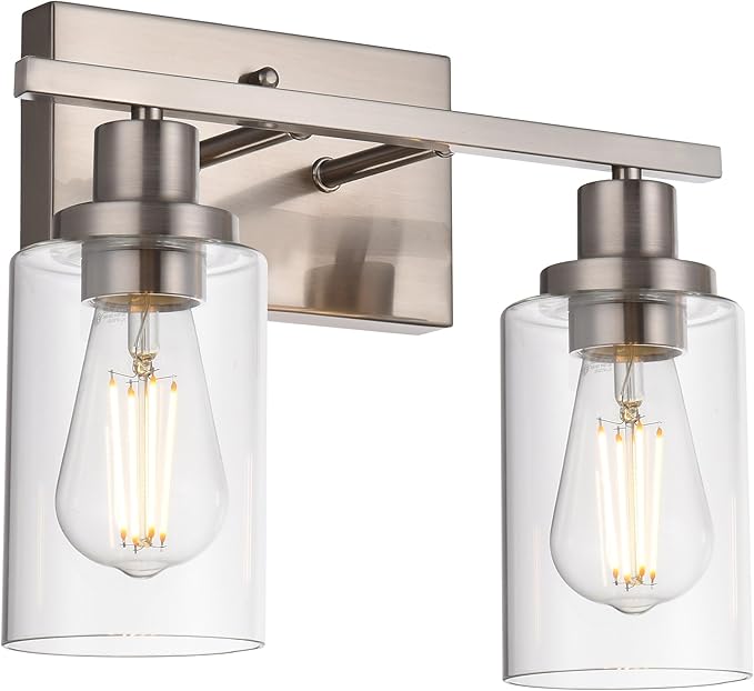 MELUCEE Metal Wall Lights with Clear Glass Shade 2 Heads Bathroom Light Fixtures Brushed Nickel Modern Vanity Lights Sconces for Hallway Bedroom Kitchen (Patent No.: US D963914 S)