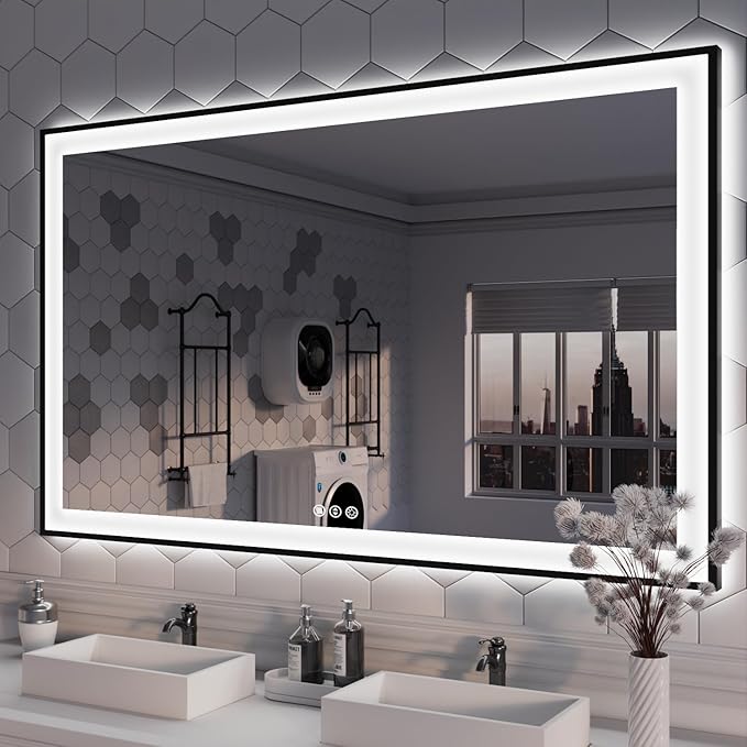 ISKM Framed LED Mirror for Bathroom 57"x36", Dimmable LED Bathroom Mirror with Lights, Anti-Fog, Front and Backlit Lighted Mirror 3-Colors, Shatterproof, Memory Function