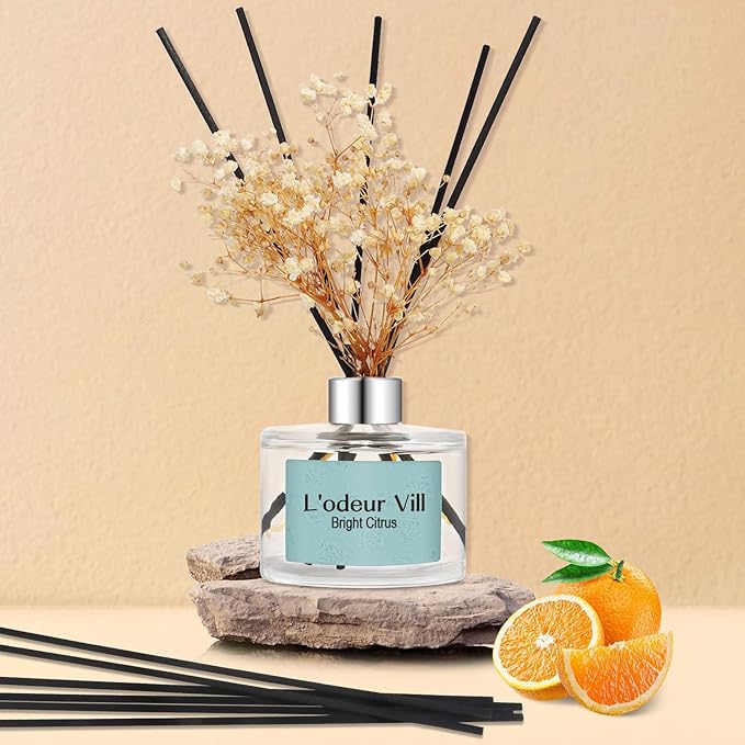 L'odeur Vill Reed Diffuser Set, 6.7 oz(200ml) Bright Citrus Scented Diffuser with 6 Oil Diffuser Sticks, Home Fragrance Essential Oil Reed Diffuser for Home Large Rooms Bathroom Shelf Decor