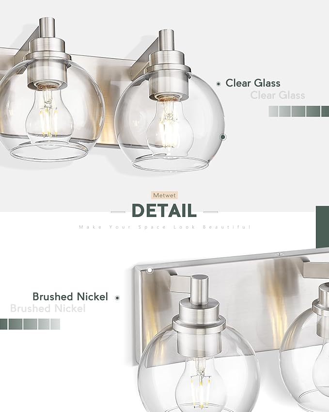 Bathroom Light Fixtures, 6 Light Brushed Nickel Vanity Light, 38 Inch Modern Wall Sconces with Globe Clear Glass Shade, Vanity Lighting Fixtures Over Mirror, VL195-BN-6