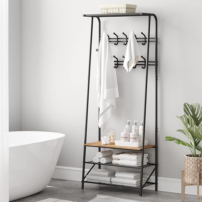 Coat Rack, 4-in-1 Hall Tree, Entryway Shoe Bench Coat Standwith Metal Frame, 3-Tier Shelf and 10 Hooks for Entryway,Hallway, Bedroom