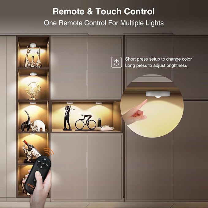 Puck Lights with Remote Control - Rechargeable, Wireless Under Cabinet Lighting, 2000mAh Battery Operated Tap Push Touch Lights, Silver, 3Pcs