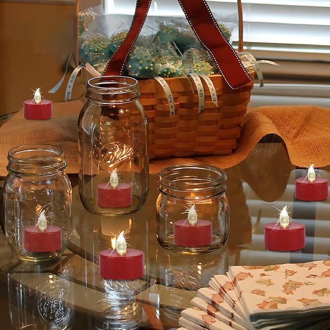 Battery Operated Tea Lights Candles, Flameless Flickering Led Electric Fake Candle, 24 Pack Realistic Votive Tealights, Long Lasting 200+Hours, for Wedding Party Home Decoration (Red)
