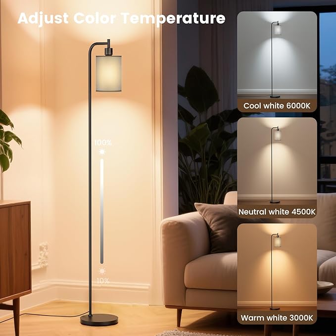 Floor Lamp with Linen Shade, Dimmable Tall Standing Lamp with Remote Control & 3 Color Temperatures, Modern Floor Lamps for Living Room Bedroom Office Corner, 9W LED Bulb Included