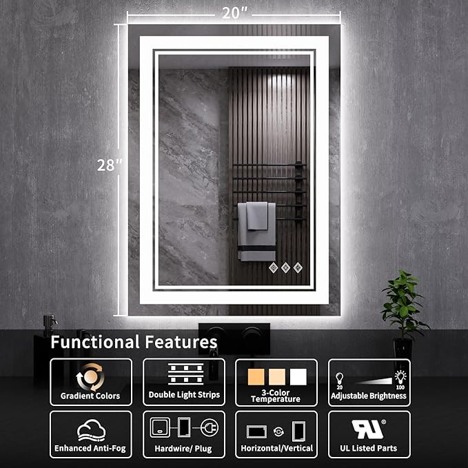LED Mirror, 20x28 Inch Gradient Front and Backlit LED Bathroom Mirror, 3 Colors Dimmable CRI>90, IP54 Enhanced Anti-Fog Bathroom Mirror with Lights