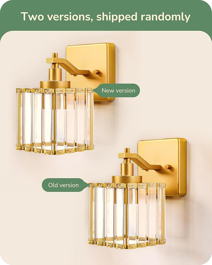EDISHINE Hardwired Bathroom Vanity Light, Modern Bathroom Lighting Fixtures Over Mirror, Wall Sconces Set of Two with Crystal Shade, Bath Lamp for Living Room, Bedroom, Powder Room, E26 Base, Gold
