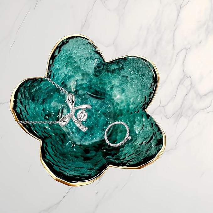 Small Green Flower Jewelry Dish, Glass Jewelry Ring Tray Trinket Bowl, Nightstand Decor Ring Holder for Women, Home Decor Gifts for Women, Wedding, Birthday, Mothers Day, Christmas, Thanksgiving