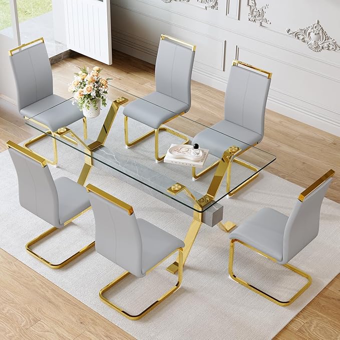 Glass Dining Table 71"｜Modern Dining Table for 6-8｜0.4" Thick Tempered Glass Top｜Chrome Gold Metal Legs｜Grey Crossbar｜Easy Assembly｜Perfect for Dining Room or Kitchen