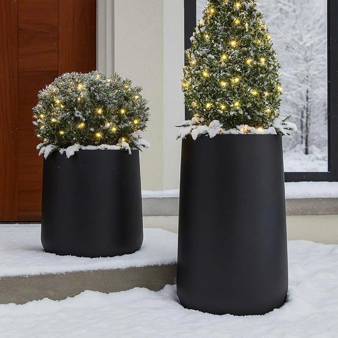 14.7" H x 14.7" D Tall Conico Fiberstone Planter - Christmas Tree Planter for Indoor and Outdoor Use, 5 Year Guarantee, Included Extra Coco Mats (Black, 23.1" Pot Opening)
