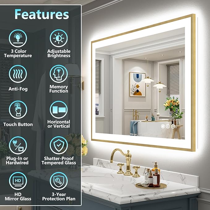 48x40 Gold LED Bathroom Mirror with Lights, Brushed Gold Framed Backlit and Front Lit Anti-Fog Lighted Vanity Mirrors for Bathroom Wall, Dimmable, 3 Colors, Memory, HD Tempered Glass, CRI＞90