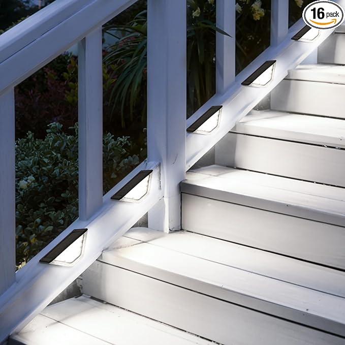SOLPEX 16 Pack Four-Sided Illumination Solar Step Lights for Outside, Solar Stair Lights Outdoor, Solar Railing Lights Outdoor Waterproof with 33 LEDs for Steps, Stair, Deck, Porch (Cold White)