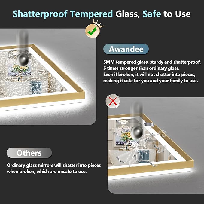 48x30 Gold Beveled LED Bathroom Mirror with Lights, Brushed Gold Framed Backlit and Front Lit Anti-Fog Lighted Vanity Mirrors for Bathroom Wall, Dimmable, 3 Colors, Memory, HD Tempered Glass