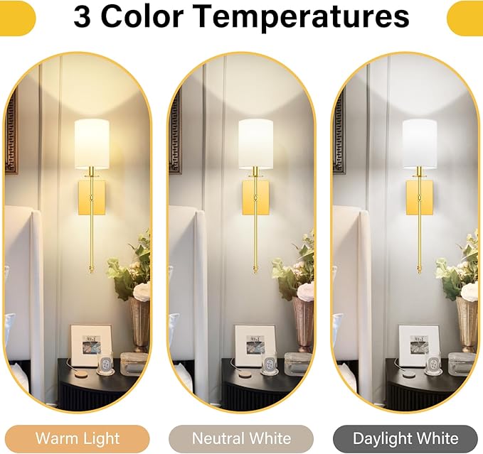 24.8 Inch Wall Sconces Battery Operated Set of 2, Rechargeable Wireless Wall Sconces Lights with Remote, Not Hardwired Dimmable Gold Wall Lamps with White Fabric Shade for Bedroom, 2 Bulbs Included