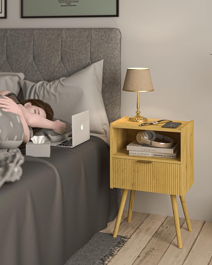 Nightstand,Modern Bedside Table with Storage Drawer and Open Wood Shelf, for Living Room, Bedroom and Small Spaces, Accent Night Stand with Solid Wood Legs, Easy Assembly,Vintage Yellow Oak