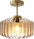 Amber Glass Flush Mount Ceiling Light Fixture, 11.02 Inch Modern Dome Light with Warm Gold Finish for Bedroom, Kitchen, Textured Glass Shade, Easy to Install, 1-Light E26 Socket