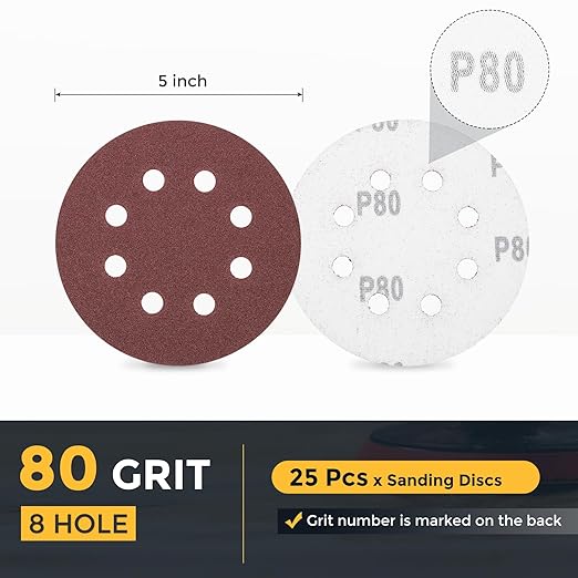 HARFINGTON 25 Pcs 5 Inch Sanding Discs, 80 Grit Hook and Loop Sandpaper, 8-Hole Aluminum Oxide Round Sanding Paper for Woodworking Automotive Metal Polishing, Red