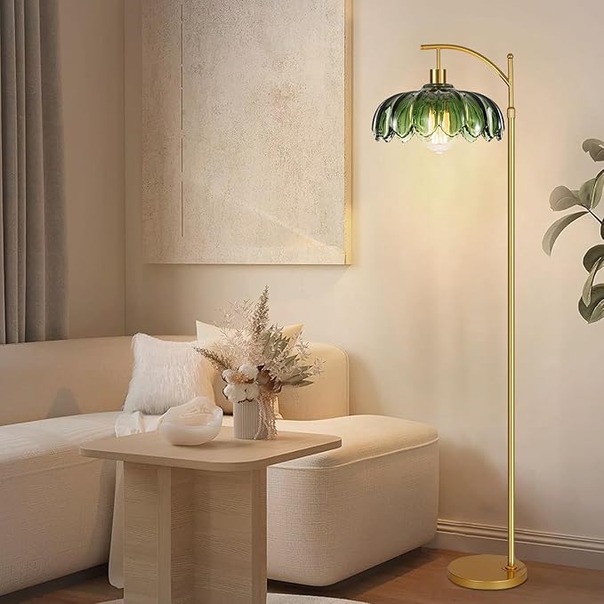 QIYIZM Gold Floor Lamp for Living Room,Bedroom,Mid Century Modern Standing Lamp with Remote,Dimmable Brass Tall Lamp Green Glass Lamp Vintage Retro Arc Floor Lamps Flower Floor Light Boho Bohemian