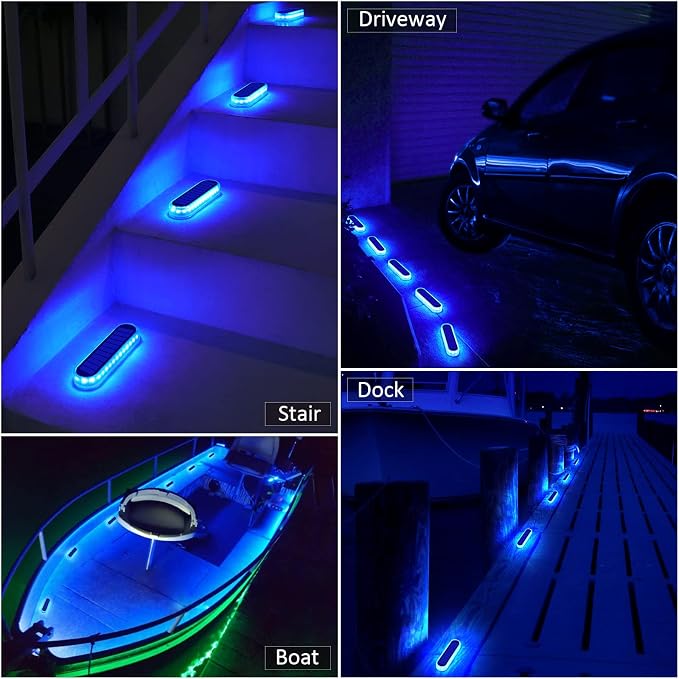 YiLaie Blue Solar Lights for Outside Stick on Boat Dock Deck Step Driveway Strip Lights Solar Powered Outdoor Waterproof Stair Post Ground Pathway Walkway Accessories Auto ON/Off（4 Pack）