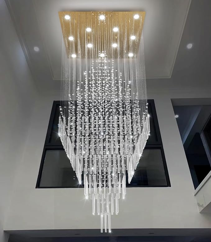 W32 x H120 Glam Chandelier with LED Bulbs Square Chandeliers, Crystal Raindrop High Ceiling Pendant Light for Entrance Large Villa Foyer Lighting Fixtures Gold