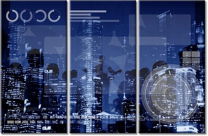 TUMOVO Networking Medias Concept Pictures Home Decor Smart City Paintings Wall Art for Living Room 3 Pieces Wall Decor Posters and Prints Stretched and Framed Ready to Hang (42" Wx28 H)