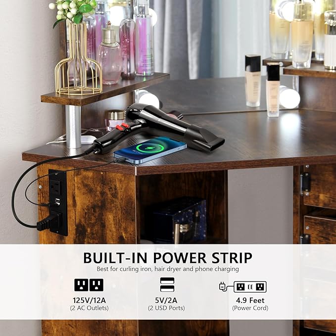 VOWNER Vanity with Lights - Makeup Vanity Desk with Power Outlet, 3 Color Lighting Options Brightness Adjustable, Vanity Table with 5 Rotating Drawers, Shelves and Stool for Bedroom, Rustic