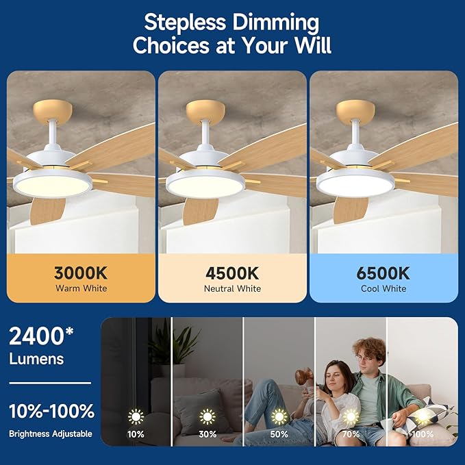 Roomratv Ceiling Fans with Lights,52 inch Smart Ceiling Fans with Dimmable LED Light Compatible with Google Home Alexa App Control(White Gold
