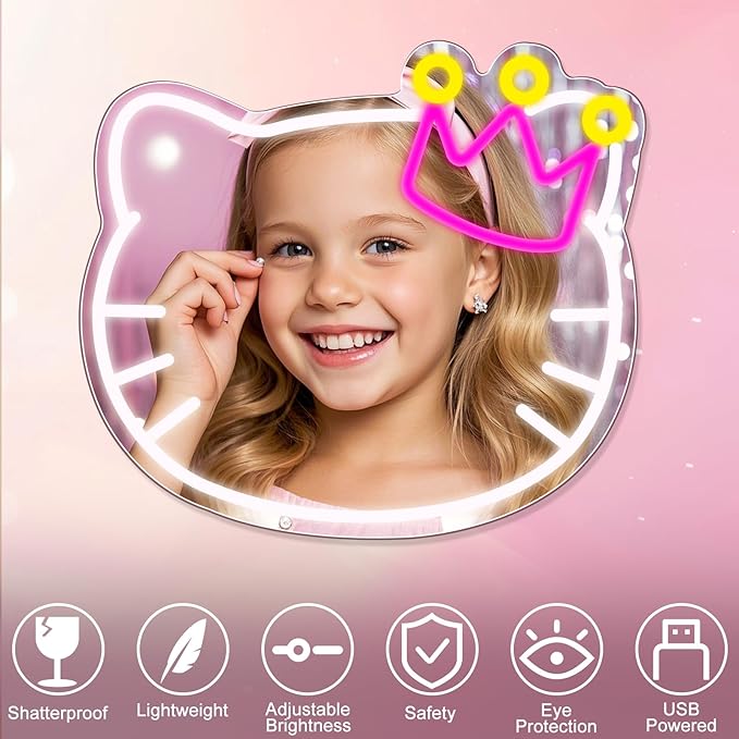 Anime Vanity Mirror with Neon Sign, 15.3 x 13.3 Inch USB Powered Makeup LED Mirror with Adjustable Brightness, Anime Style Room Wall Decor for Girls Teen Bedroom Women Children Gift Birthday Christmas