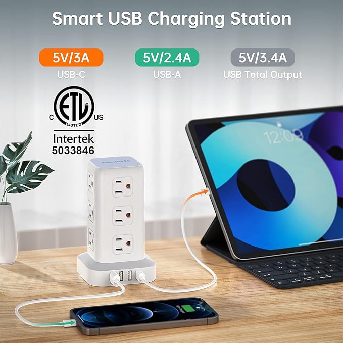 Tower Surge Protector Power Strip with 12 Outlets 4 USB (1 USB C), 6.5Feet Extension Cord with Multiple Outlets, Charging Station, Power Strip Tower, Office Desk Supplies
