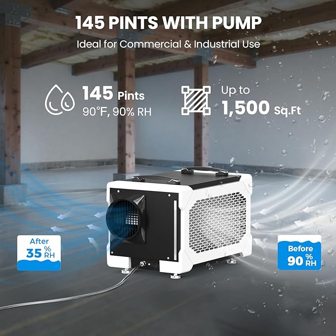 CADPXS Crawlspace Dehumidifier with Pump and Drain Hose, 145 Pints Commercial-Grade Dehumidifier for Crawl Spaces, Basements, Industrial and Water Damage Use, Large Capacity, Auto Defrost, cETL