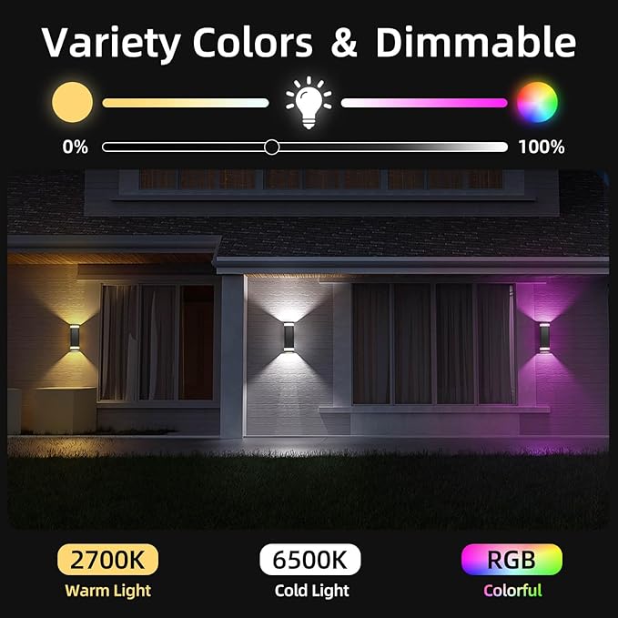 SHIMR Smart RGB Outdoor Wall Lights 2 Pack, WiFi App Control Color Changing Up Down Exterior Sconce with Dusk to Dawn Sensor, Waterproof LED Wall Mount Light Fixture, Compatible with Alexa & Google