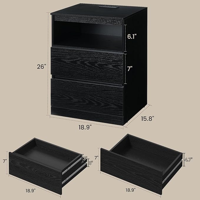 Nightstand Set of 2 with LED Lights, 26" H with Hidden Drawer,Bedside Table with Charging Station, 3 Drawers, Modern Night Stand for Bedroom, Black