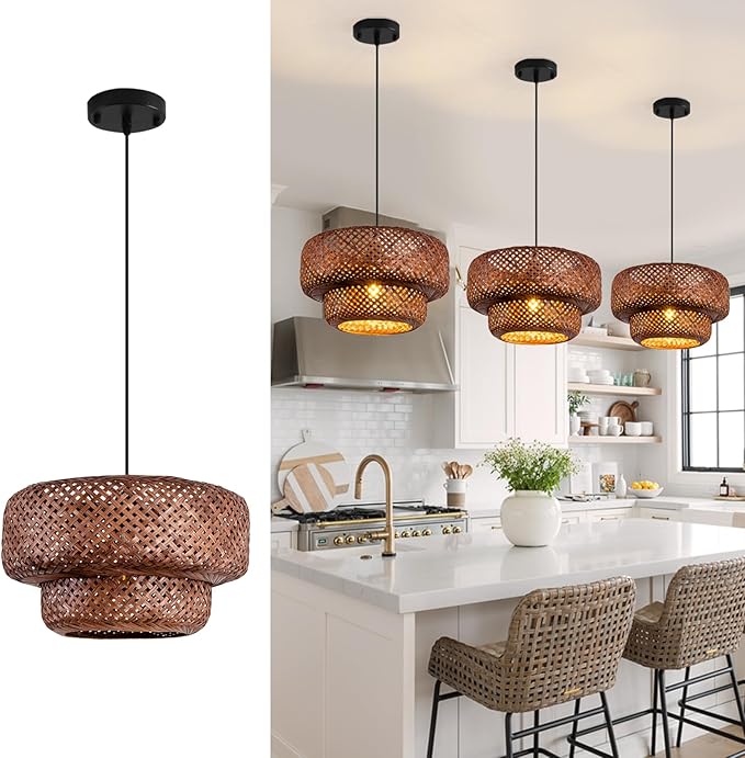 Dark Curry Bamboo Pendant Light,Boho Rattan Hanging Light,13.78" Hand Woven Wicker Chandelier for Kitchen Island for Kitchen Island Dining Bedroom Living Room Restaurants